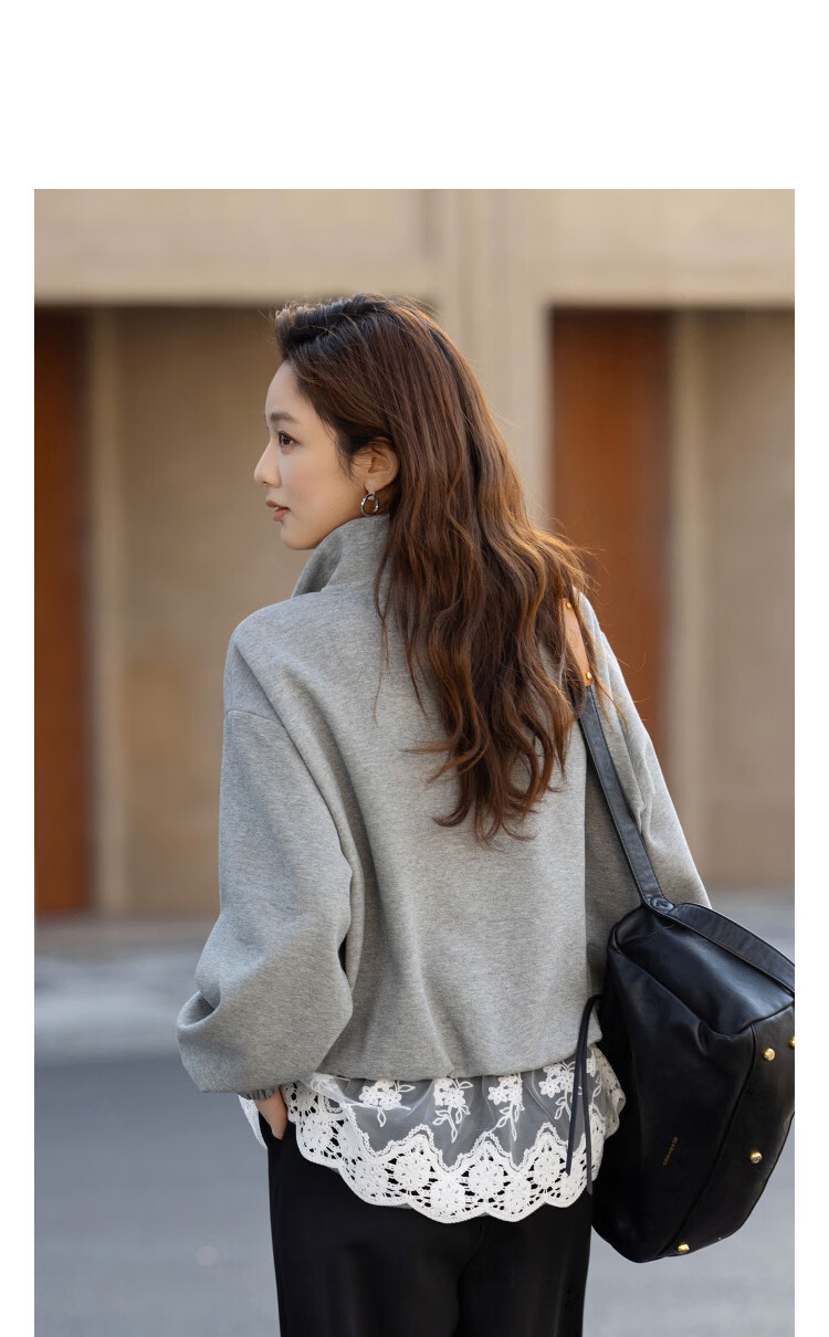 Demana [Pique Elastic Air Layer] Spring Half-Open Collar Drawstring Zipper Spliced Lace Trim Loose Slim Sweatshirt 10