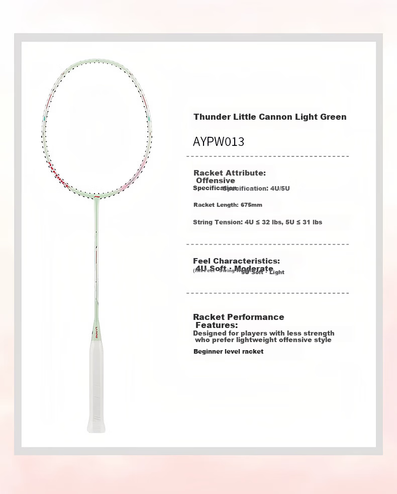 LI-NING Thunder Mini Steel Cannon New Color Full Carbon Offensive Lightweight High Tension Single Badminton Racket Light Smoke Pink 4U Pre-Strung 8