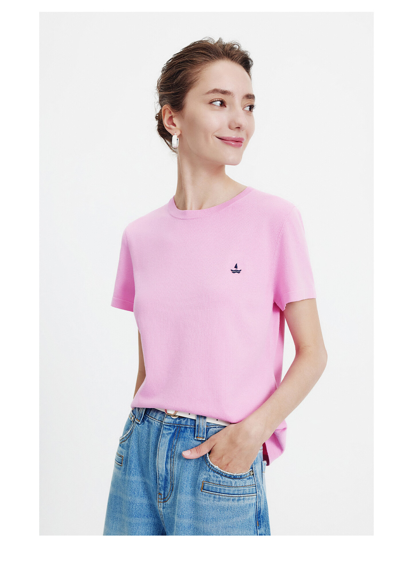 Navigare Small Sailboat Basic Short Sleeve T-Shirt Women 2026 New Round Neck Solid Color Knit Top 2325506507 57