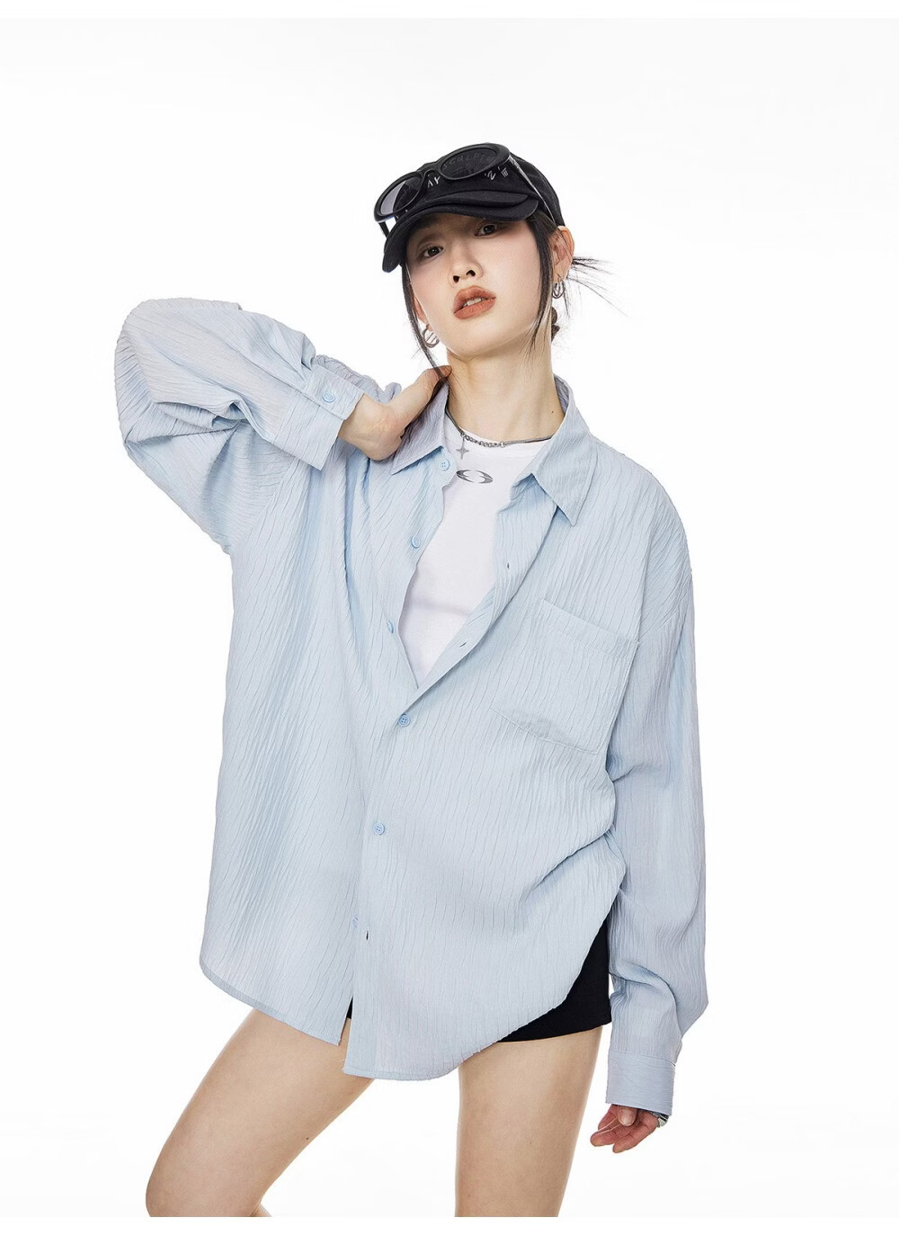ICH MODE American Texture Physical Sunscreen Long Sleeve Shirt Women 2026 New Summer Premium Shirt Light Blue S 14