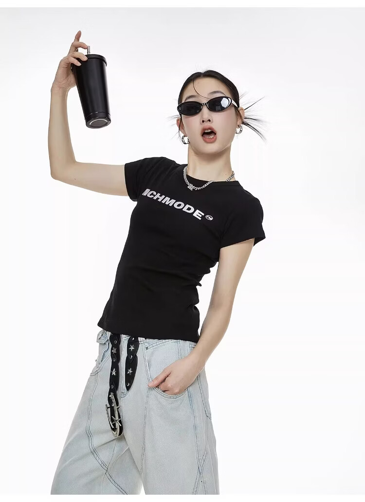ICH MODE American Slim Fit Shoulder T-Shirt Women Summer New Short Crop Top Black L 12