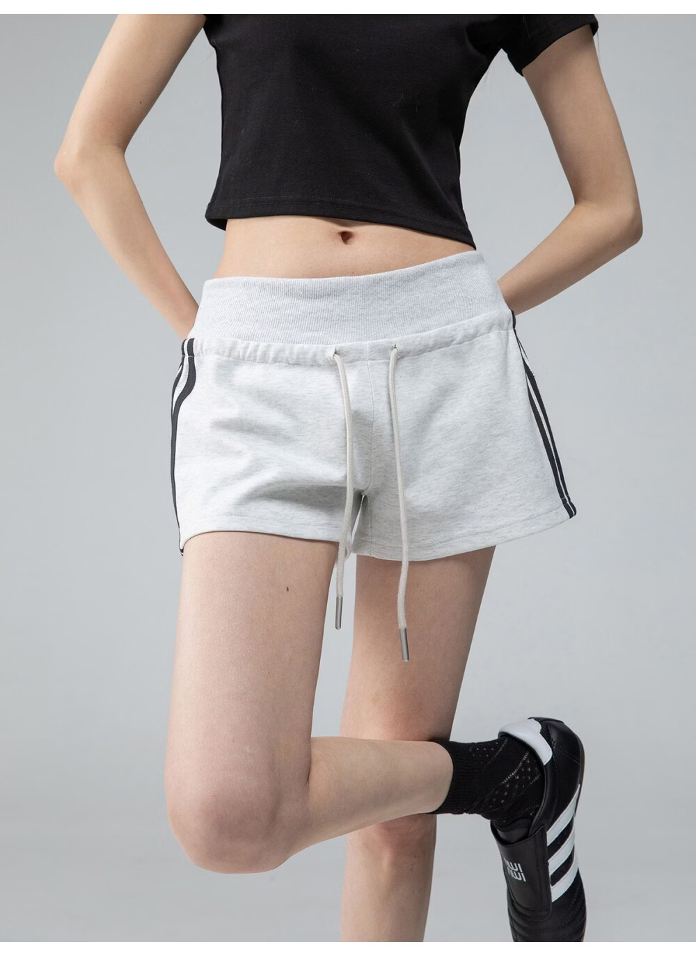 ICH MODE American Style Striped High Waist Shorts Women Summer Slim Straight Sports Sweatpants Casual Pants White Flower Gray L 16