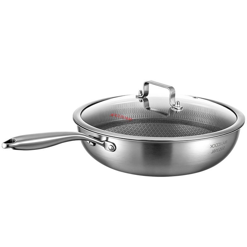 MAXCOOK 34cm 316L Stainless Steel Non-Stick Wok, Triple-Layer Steel, Compatible with Gas and Induction Cooktops, Model MCC4391