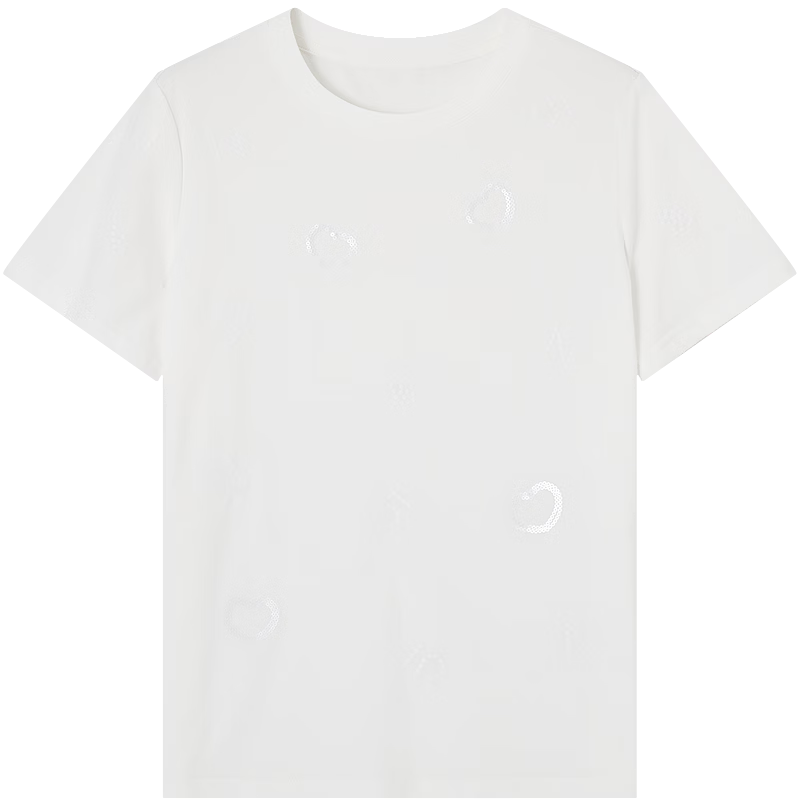 Demana [Sorona Breathable] Spring Elegant Round Neck Sequin Embroidered Short Sleeve Thick Petite Women's T-Shirt
