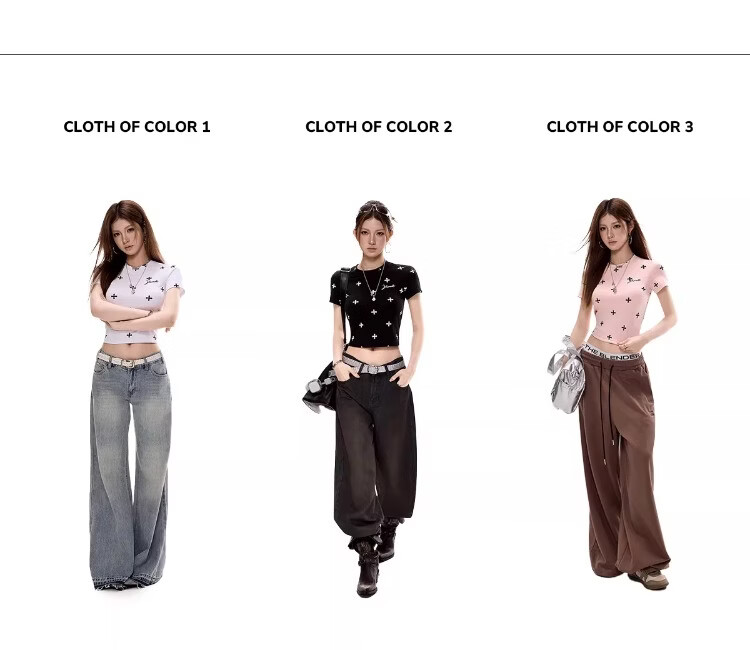 ICH MODE American Style All-Over Print Slim Fit Cropped T-Shirt for Women 2026 New Summer Hot Girl Round Neck Top Small Shoulder Pink L 2