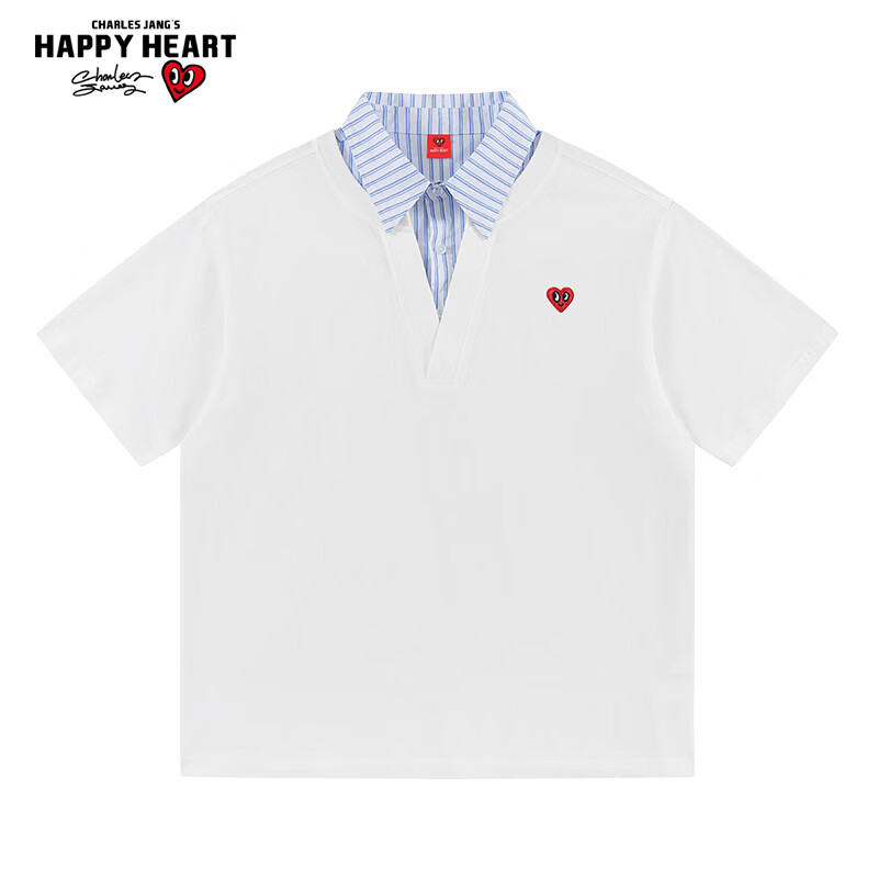 Charles Peach Heart Summer Premium Striped Collar Small Heart Couple Unisex Casual Short Sleeve Polo Shirt Off-White XS