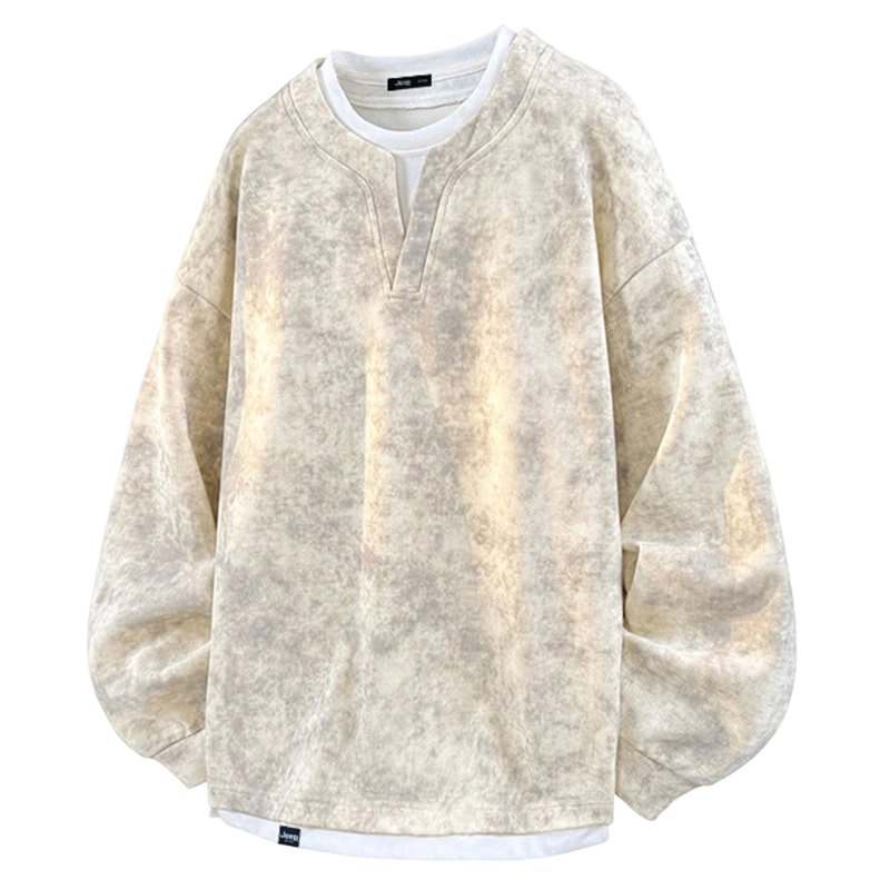 JEEP Men's Spring Autumn Sweatshirt Fake Two-Piece Long Sleeve T-Shirt Loose Casual Black L