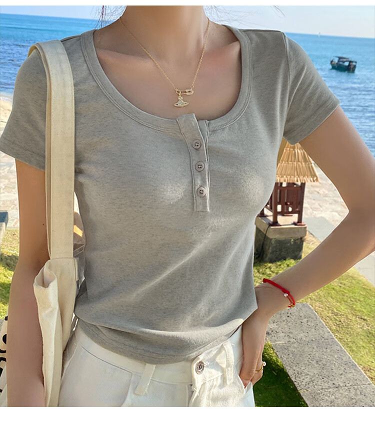 Ordifen 10A Antibacterial Women's Base Shirt 91% Cotton U-Neck Shoulder Short Sleeve T-Shirt Spring Summer Button Slim Fit Inner Wear Black XL 11
