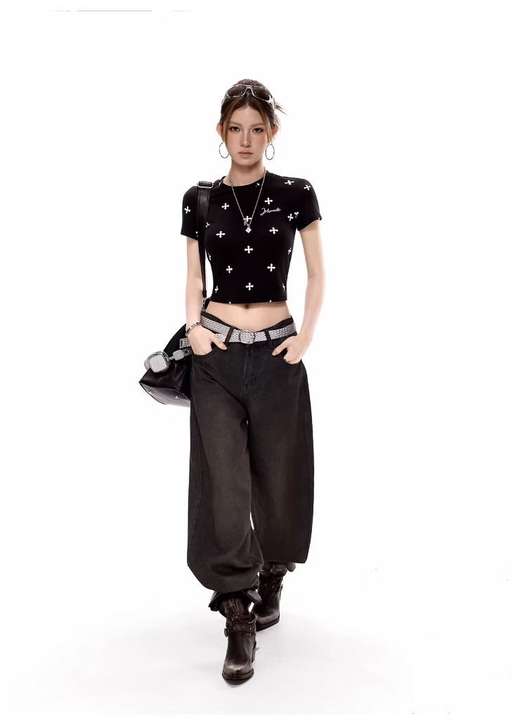ICH MODE American Style All-Over Print Slim Fit Cropped T-Shirt for Women 2026 New Summer Hot Girl Round Neck Top Small Shoulder Pink L 22