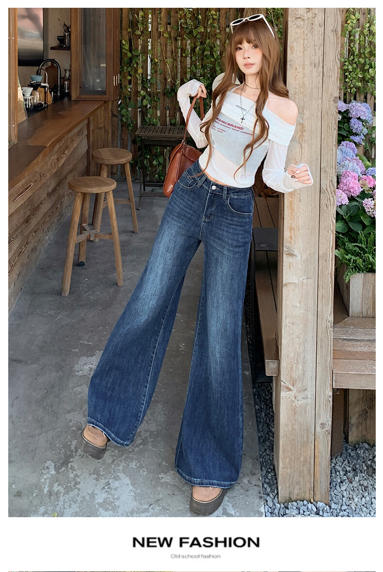 Jeanswest Women's Summer High-Waist Slimming Wide-Leg Casual Flowy Bootcut Jeans Dark Blue 2XL 15