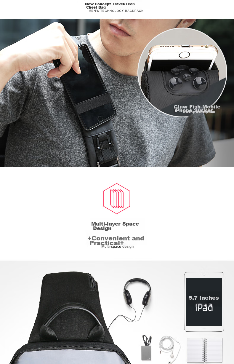 MARK RYDEN Chest Bag, Men's Crossbody Bag, Sports Trendy Shoulder Bag, Small Backpack, 9.7-Inch IPad Bag, MR7056, Elegant Black 6