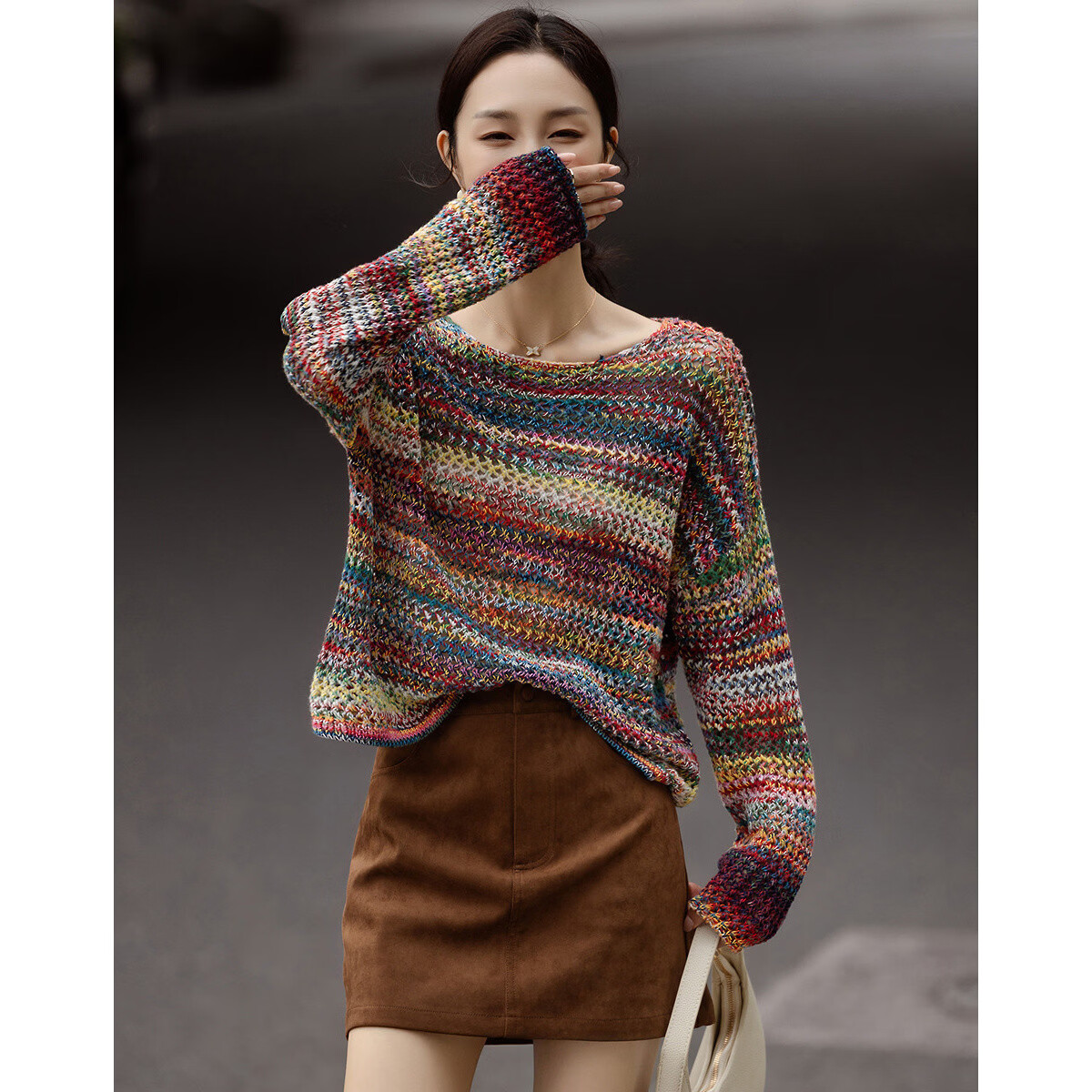 Demana Fluffy 100% Cotton Spring Lazy Style Off-Shoulder Gradient Hollow Slim Knit Sweater for Women Premium Feel 9