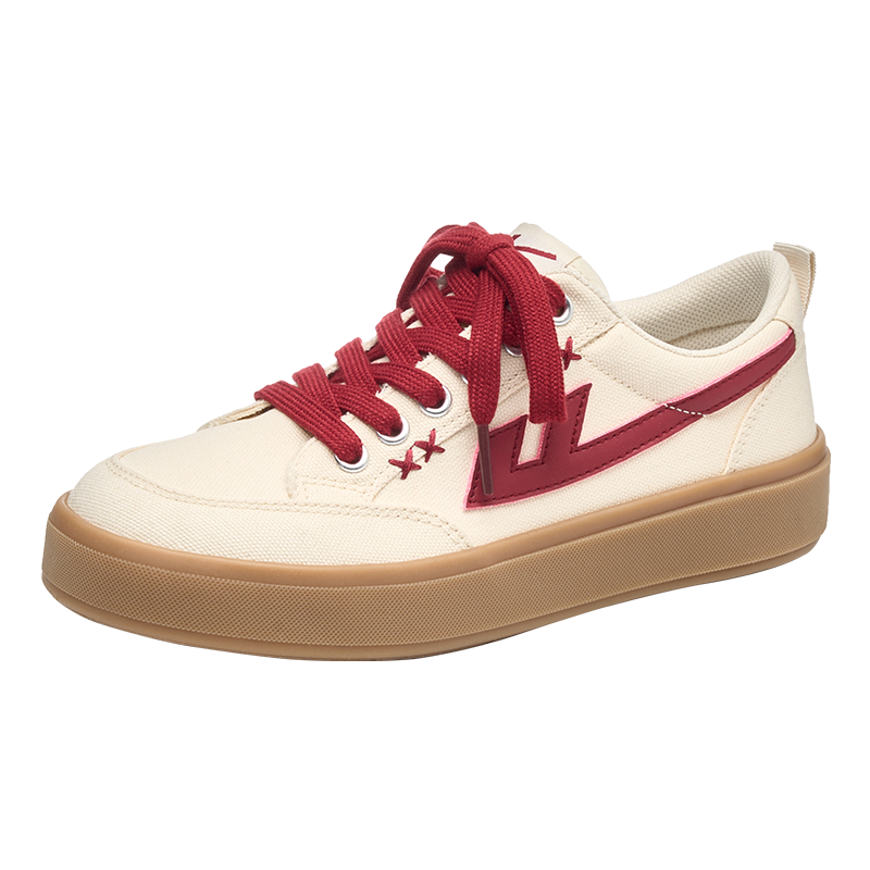 Warrior Official Women's New Versatile Sneakers 2026 Summer Classic Simple Breathable Canvas Shoes Women Beige Red Size 35