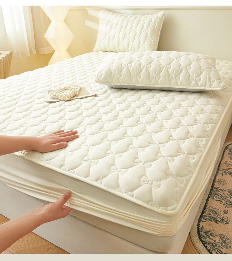 Hongdou Class A Fitted Sheet Full Coverage Mattress Protector Thickened Quilted Bed Sheet Mattress Cover 150*200cm Xi Bai 6