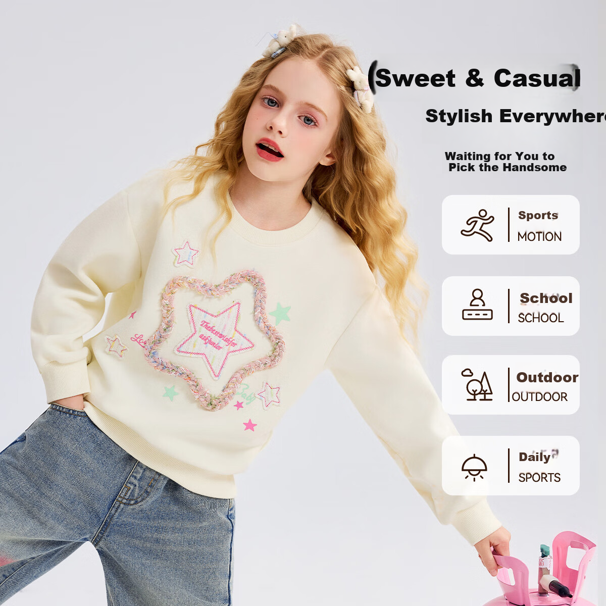 ASK JUNIOR 3D Star Children's Long Sleeve Spring Sweatshirt Kids Pullover Girls Loose Top