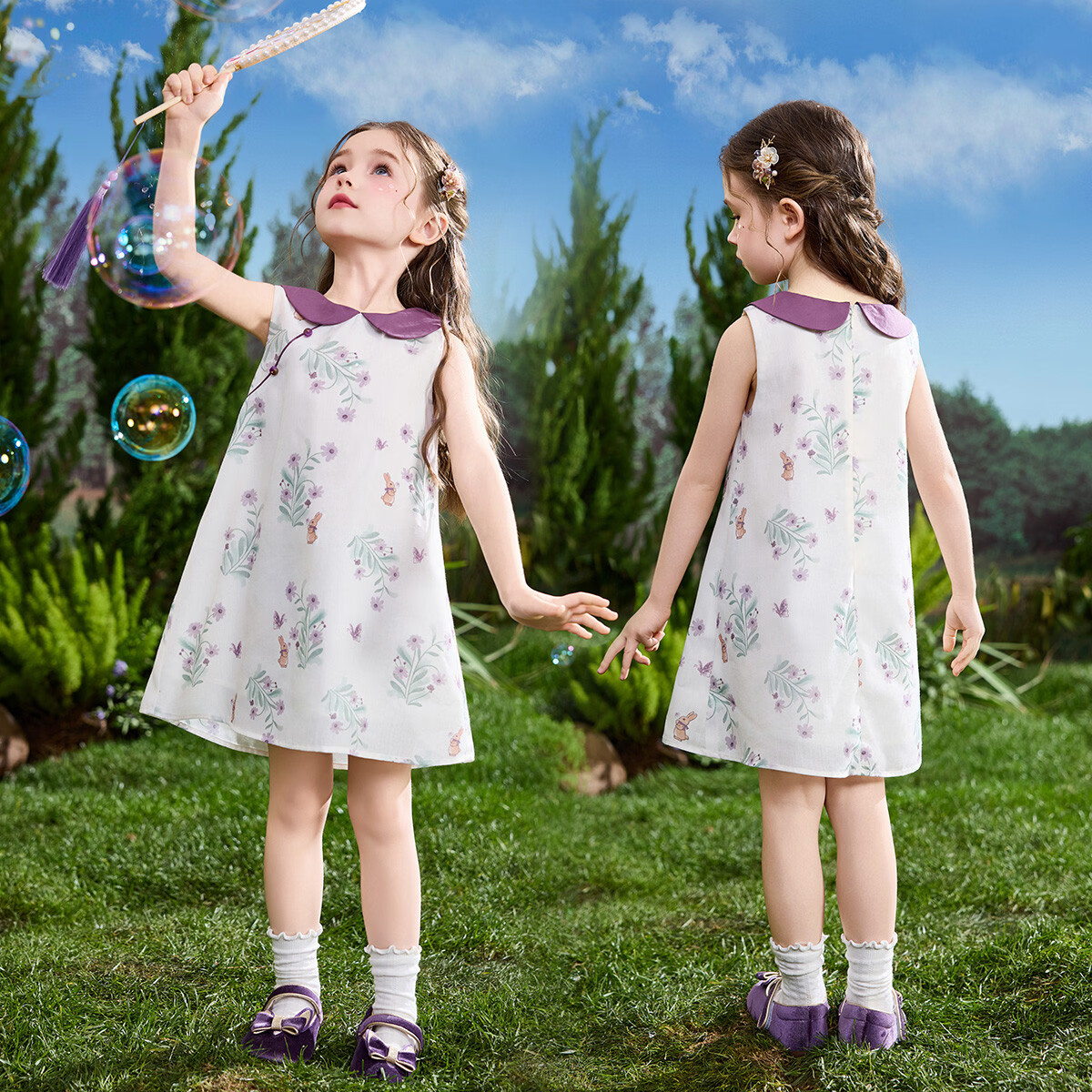 ASK JUNIOR Kids Summer Dress Toddler Colorblock Doll Collar New Chinese Style Dress 2