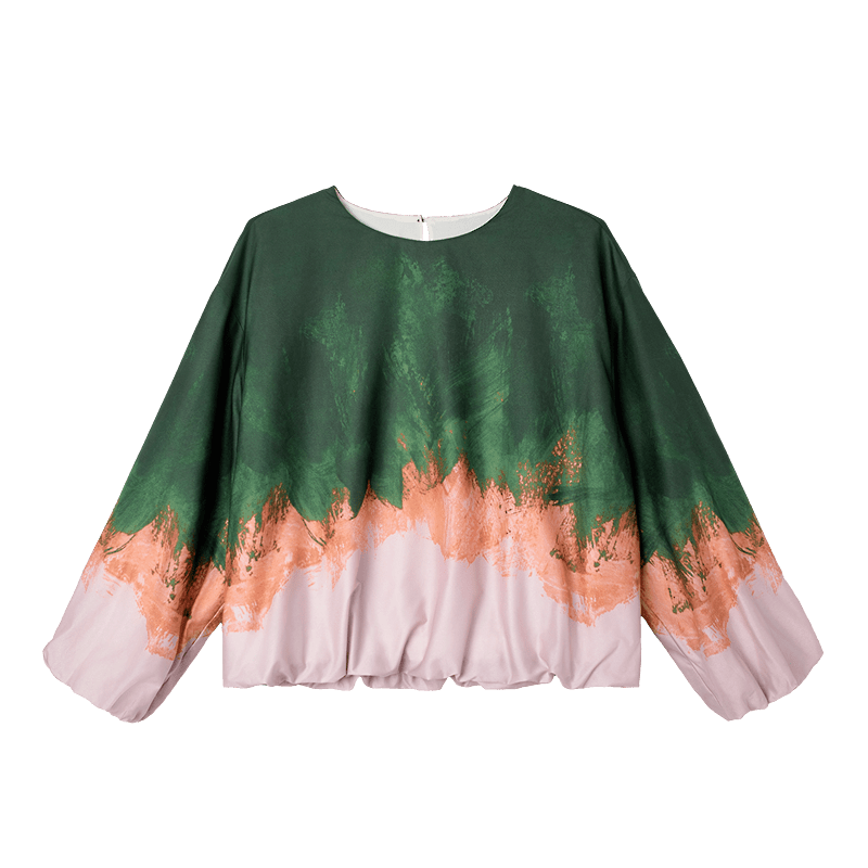 Demana "Poetic Romance" Spring Gradient Placement Dyeing Printed Round Neck Loose Fit Petite Women's Shirt