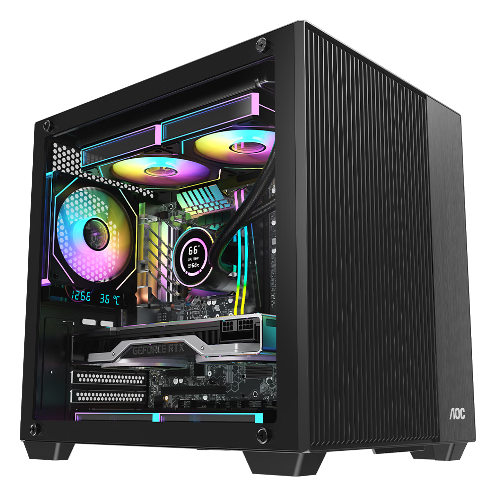 AOC Storm CG460B Black Gaming PC Case with Side Tempered Glass, High Transparency, Supports MATX Motherboard, 240mm Water Cooling, 9 Fan Slots