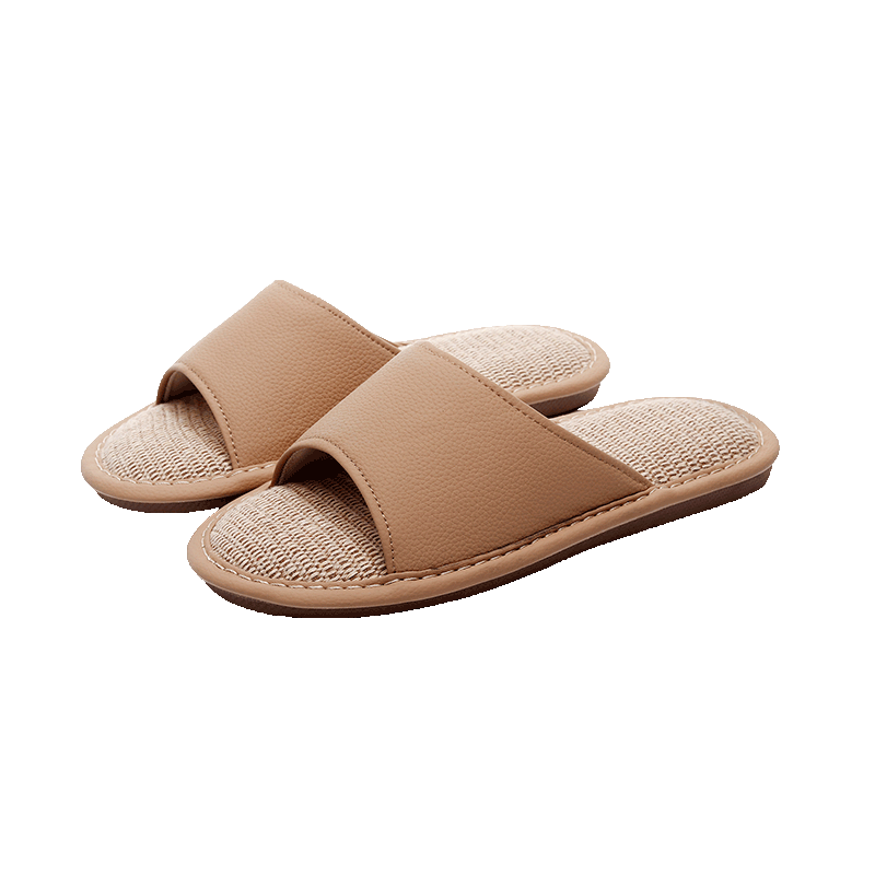 Genmai Plus Size Linen Slippers Men 4849 Indoor Home Floor Non-Slip Four Seasons Leather Slippers Coffee Color Size 40-41