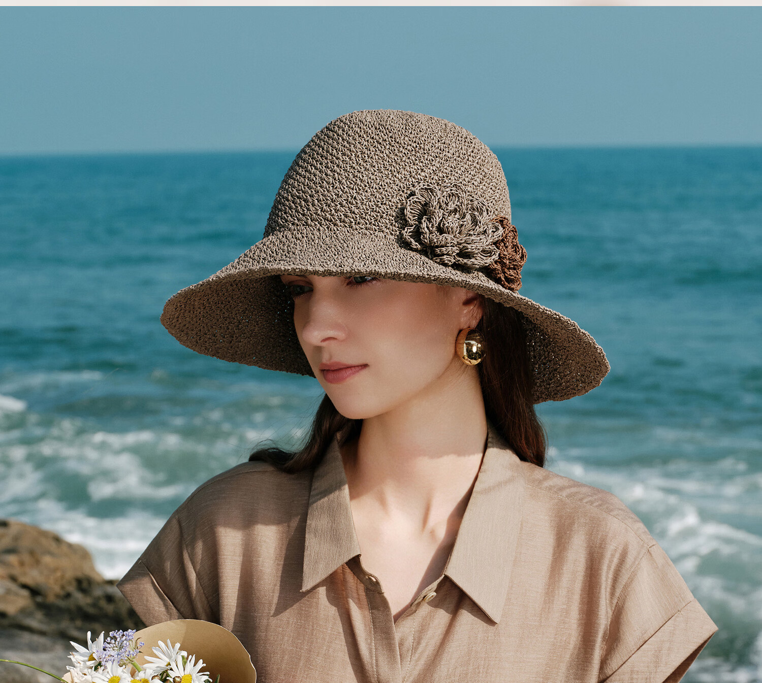 FANCET Women's Hand-Crocheted Straw Hat Spring Summer French Elegant Beach Vacation Floral Foldable Sun Hat 27