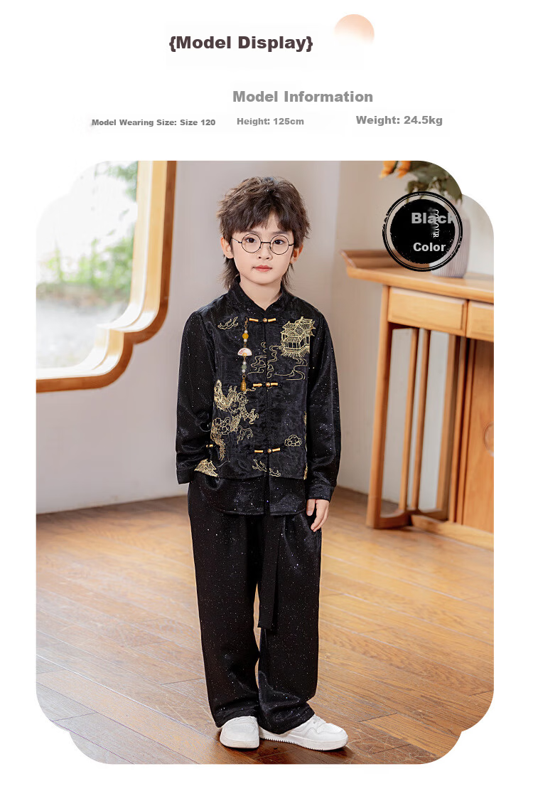 Radish Beibei Children's Traditional Chinese Style Suit Tang Suit Hanfu Boys Host New Year Outfit Black Three-Piece Set Size 130 7