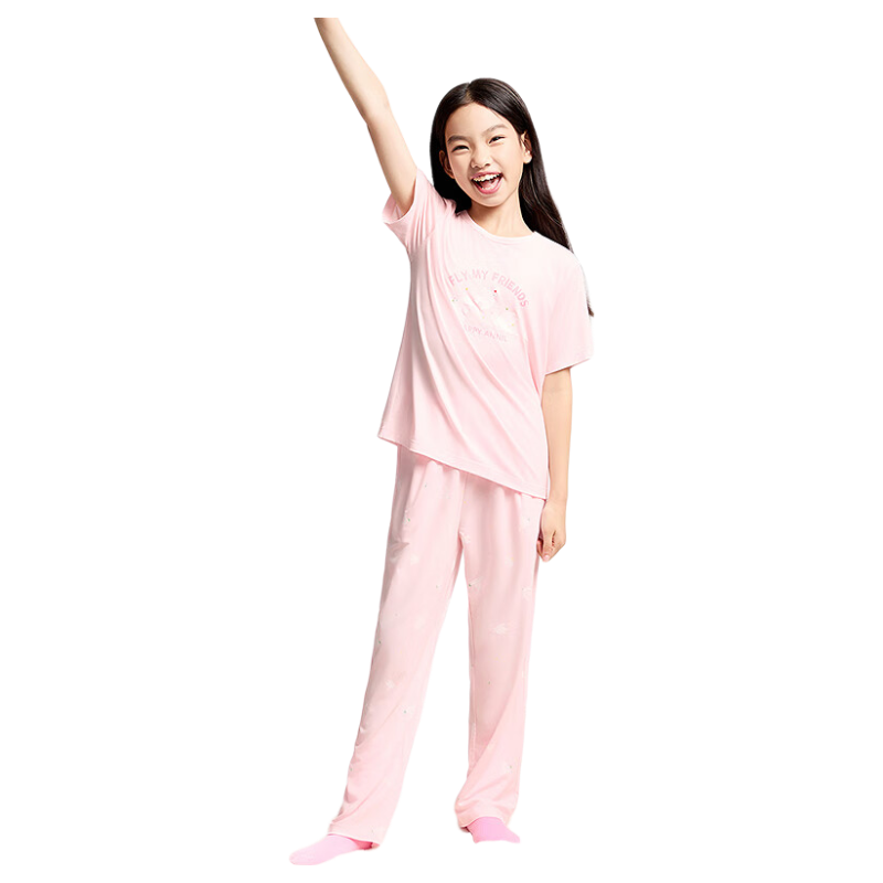 Annil Girls' Home Wear Set, 2025 Summer New Style, Breathable Modal, Pink Loose Pajamas And Pants