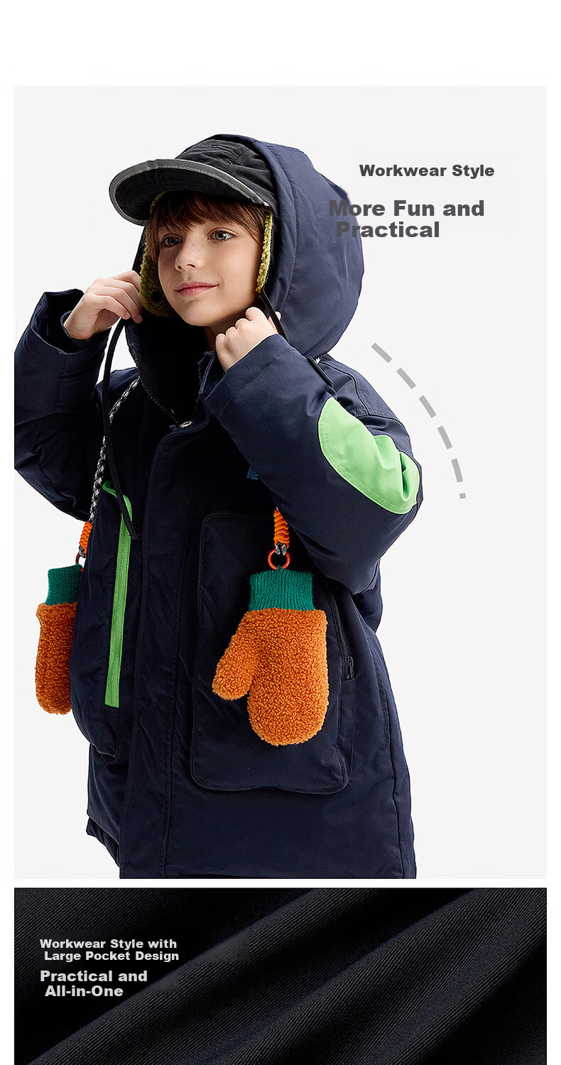 MQD Kids Down Jacket 2024 Winter New Boys Hooded Thick Warm Workwear Coat for Older Children 4