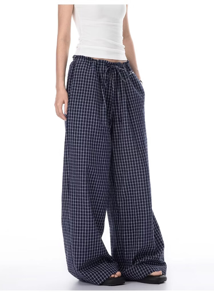 ICH MODE Women's American Style Plaid Summer Loose Wide-Leg Straight-Leg Sports Casual Pants Black XL 18