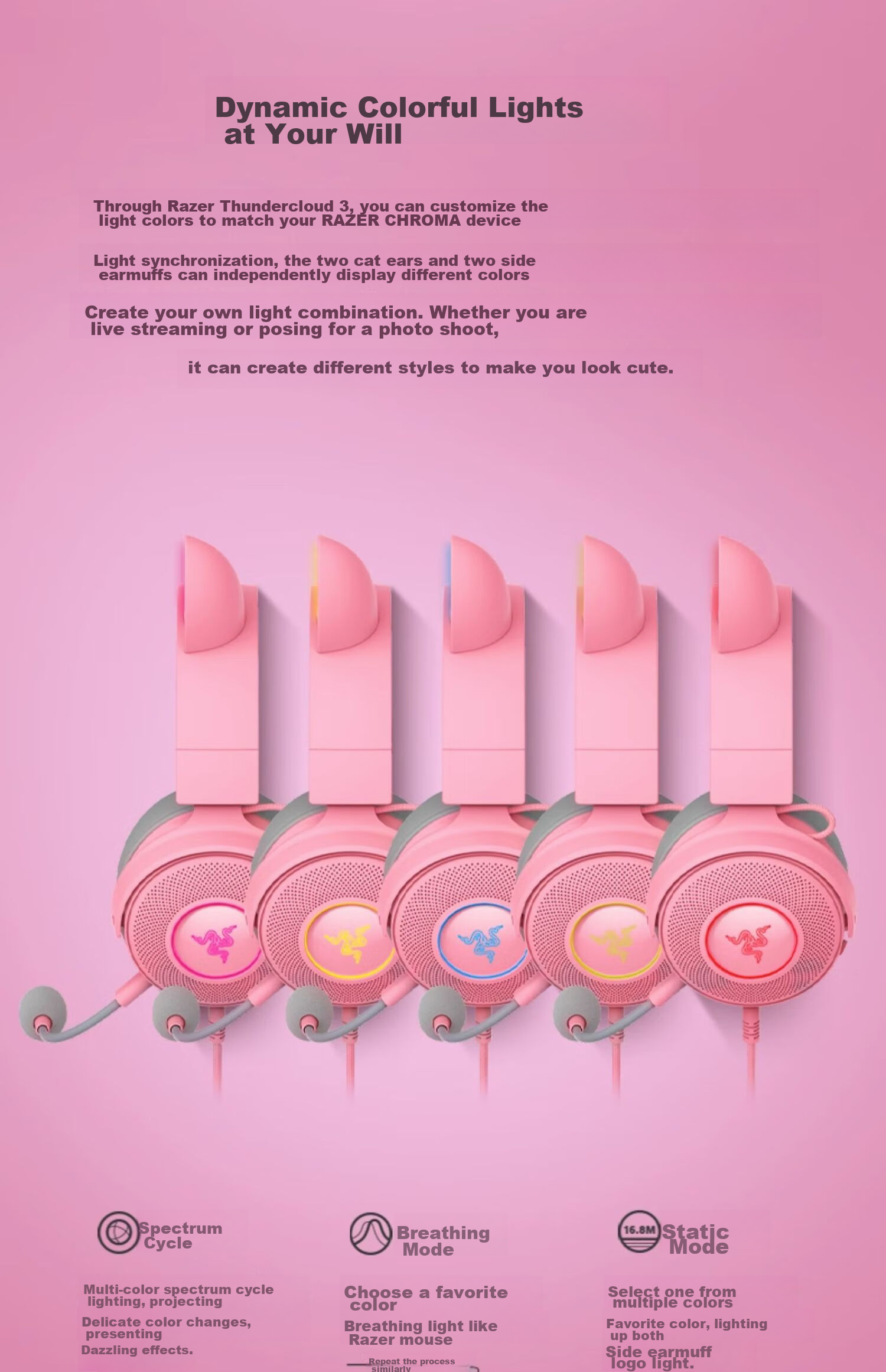 Razer Beihai Giant Monster Cute Cat Professional Edition V2 Wired Over-Ear Gaming Headset with Microphone, Popular Cat Ear Rabbit Ear Bear Ear RGB Lighting Effects PUBG Essential Pink 3