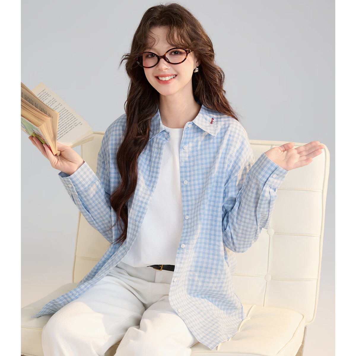 TonLion 2026 Spring Women's Plaid Long Sleeve Shirt Light Blue M