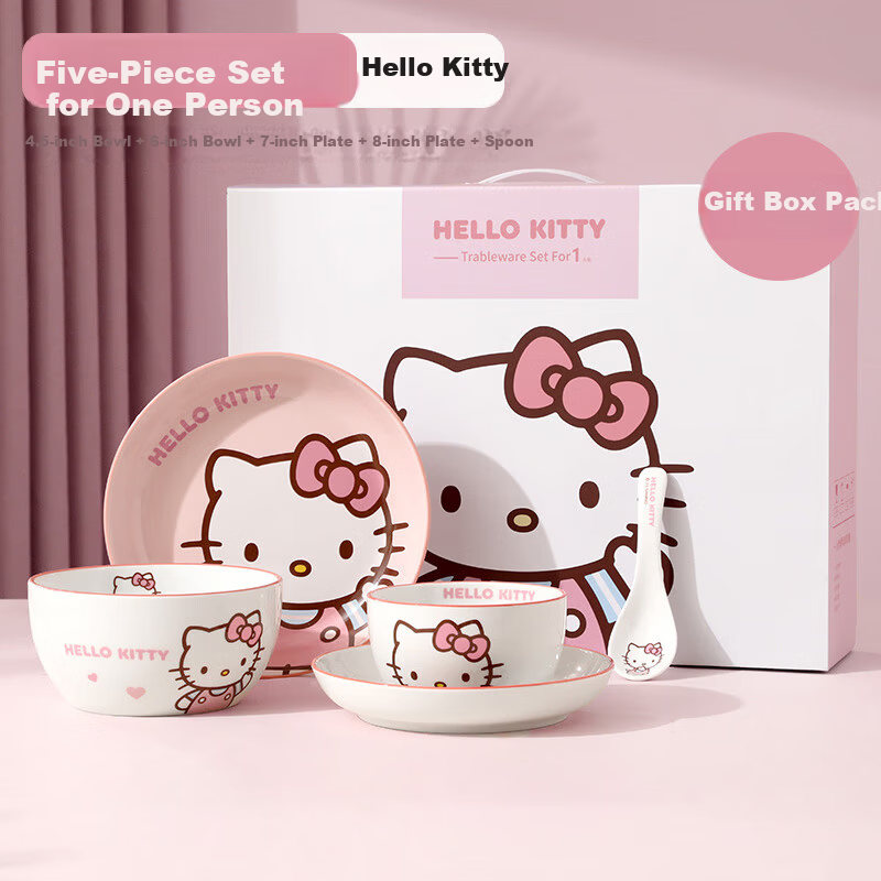 MANCHAOJIA Sanrio Hello Kitty 5-Piece Ceramic Dinnerware Set with Plates and Bowls, Premium Home Tableware Gift Box