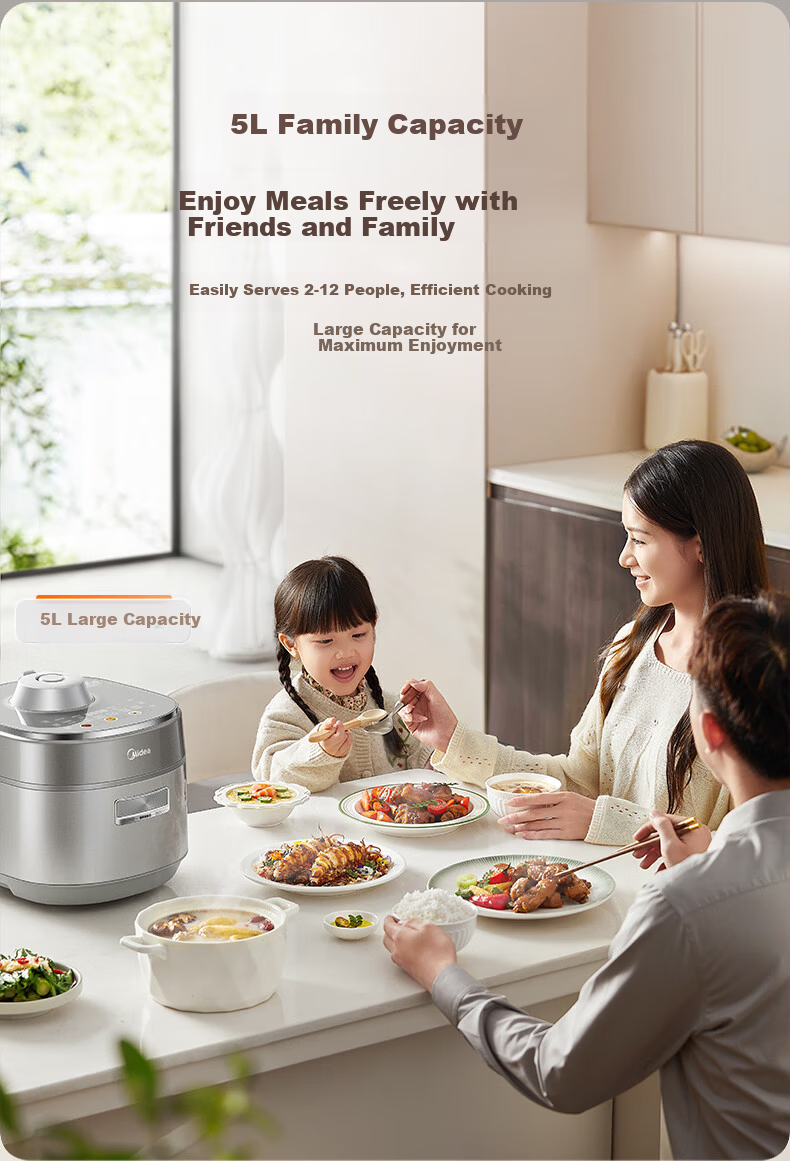Midea 5L Electric Pressure Cooker Low-Fat Rich Flavor High-Pressure Pot 2200W Fast Tender High-Pressure Quick Cook 0 Fluorine Double Inner Pot Special Lid Opening Cooking 24H Reservation MY-S8 [ZMD Pe 14