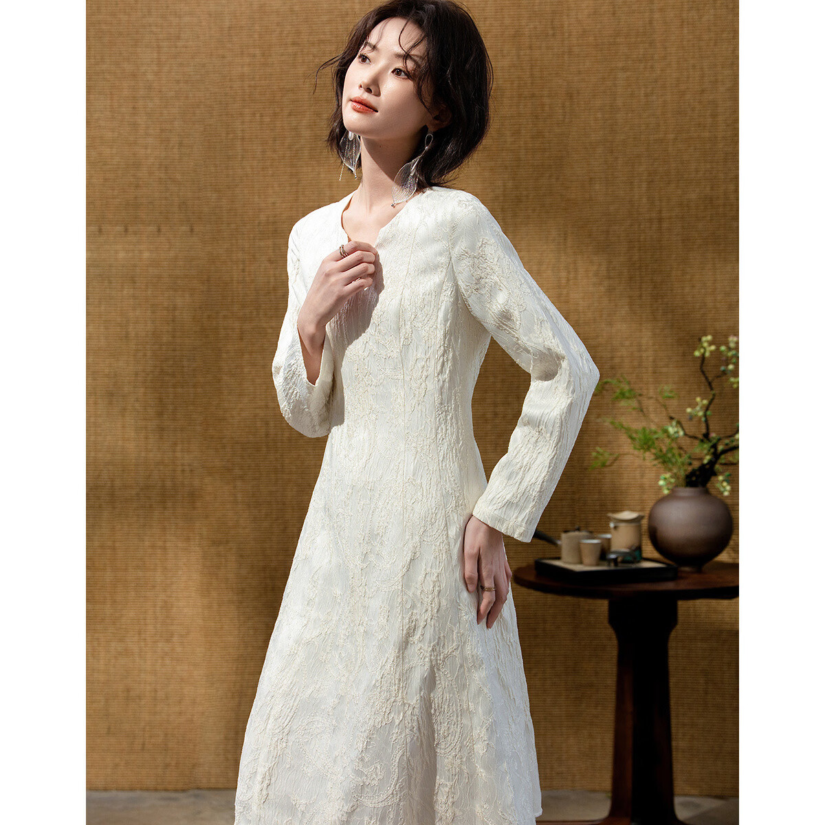 Demana "Moonlight Breeze" Spring National Style New Chinese Light Embossed Jacquard Waist-Cinching A-Line Slimming Women's Dress
