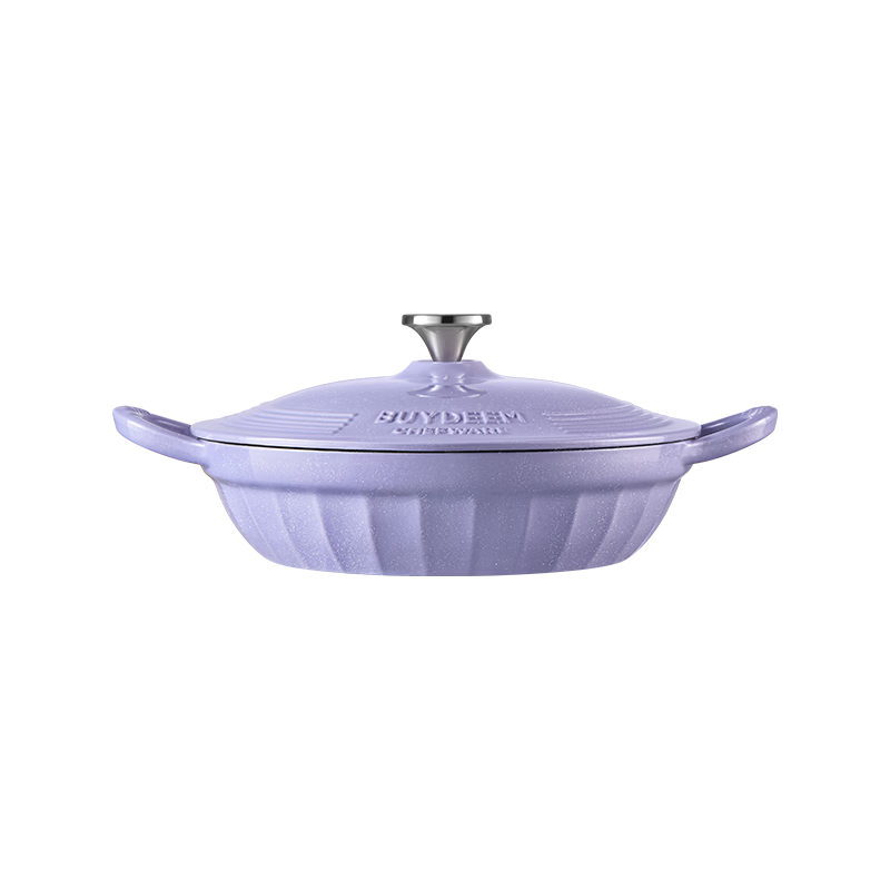 Buydeem Enamel Cast Iron Pot, Stew Pot, Braising Pot, Baking Pot, Seafood Pot, White Enamel, 28cm, Flowing Gold, Purple