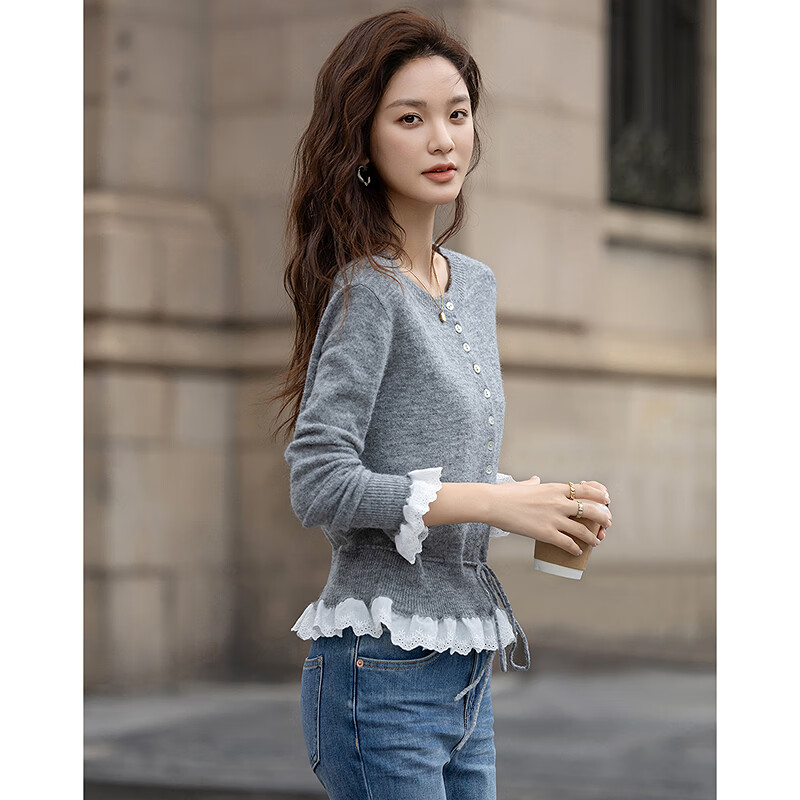 Demana Spring Sweet Crew Neck Shell Button Knit Sweater with Contrasting Lace Trim and Drawstring, Wool Blend