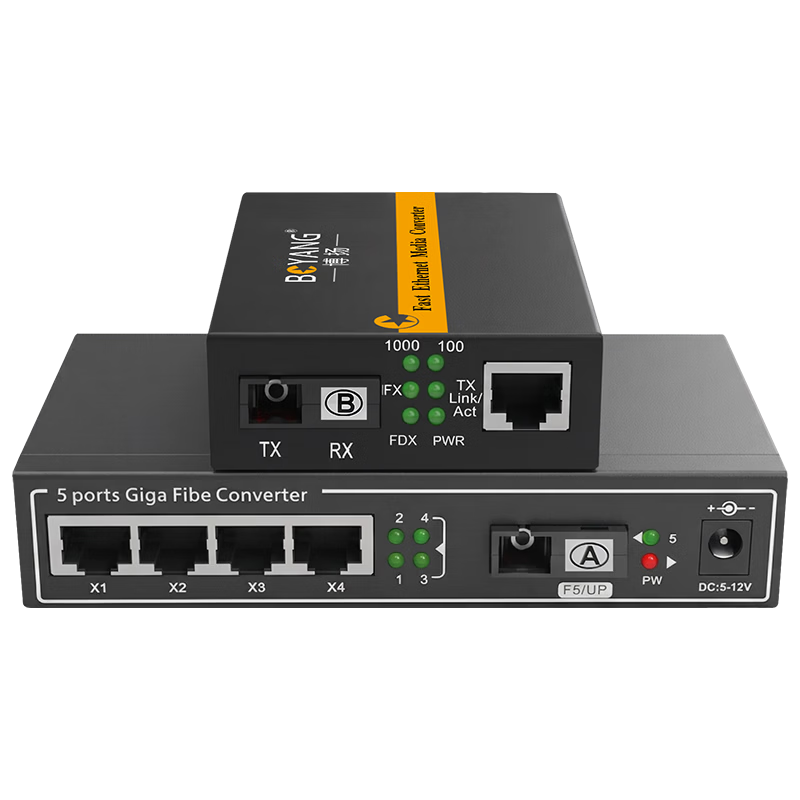 BOYANG BY-DG104A/B Gigabit 1 Optical 4 Electrical Single-mode Single-fiber Fiber Optic Transceiver Switch Optical Converter Lightning Protection SC Interface 25km External Power Supply Pair
