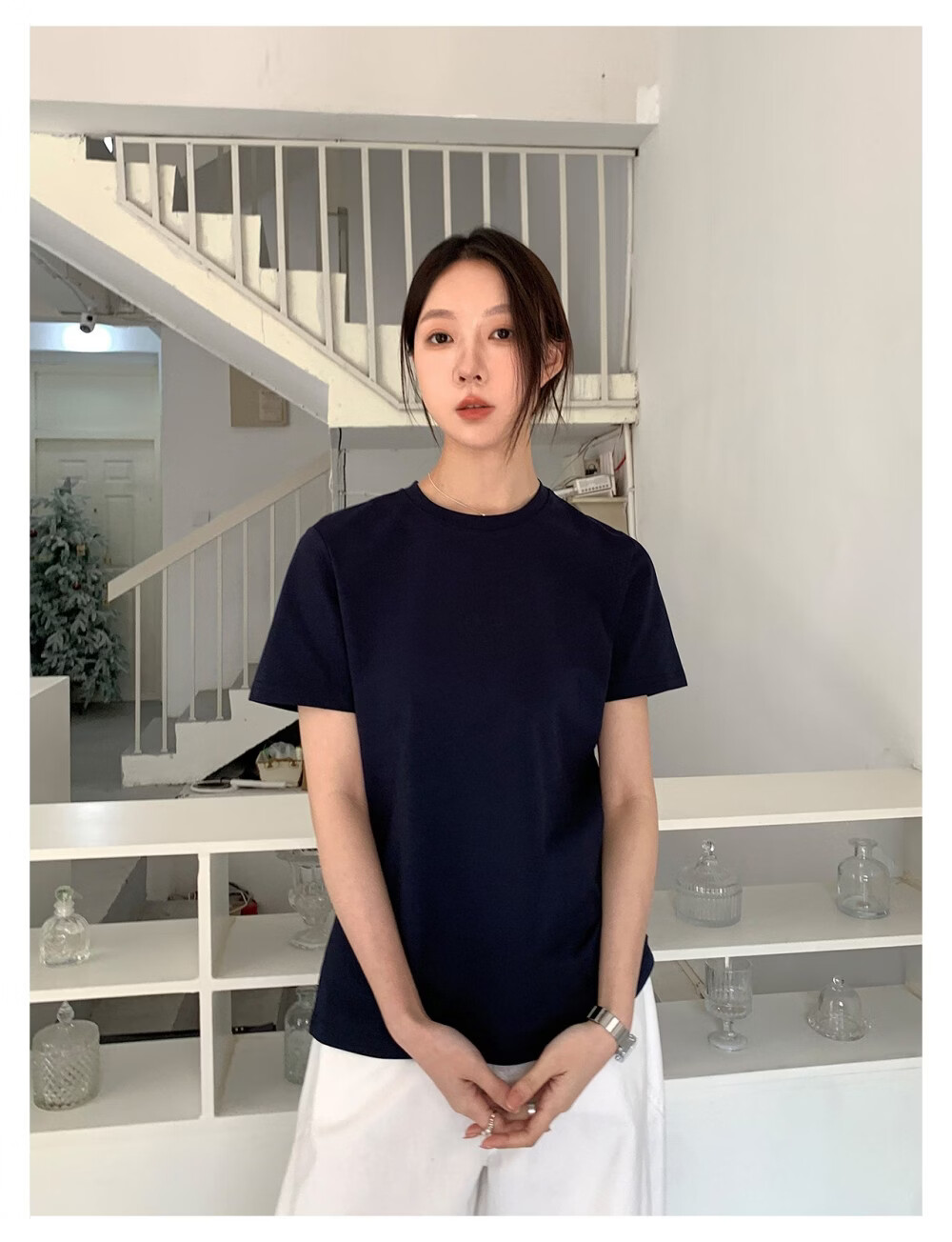ICH MODE Minimalist Paper Doll Short Sleeve Women's T-Shirt Summer Simple Cool Base Shirt Solid Color White S 30