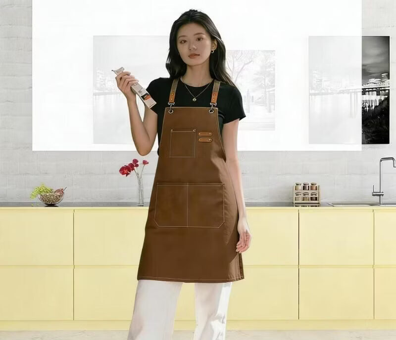 BAIGE Long Sleeve Apron Cotton Coarse Cloth Reversible Work Apron Red Mixed Plaid Length 118CM 2
