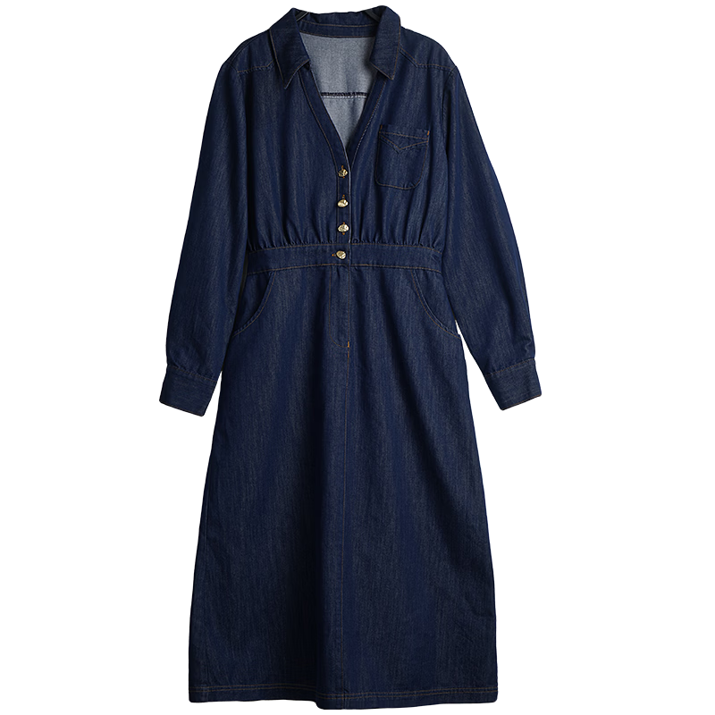 Olrain Vintage V-Neck Waist-Cinched Denim Long Sleeve Dress for Women Spring Shirt-Style Long Dress Denim Blue M