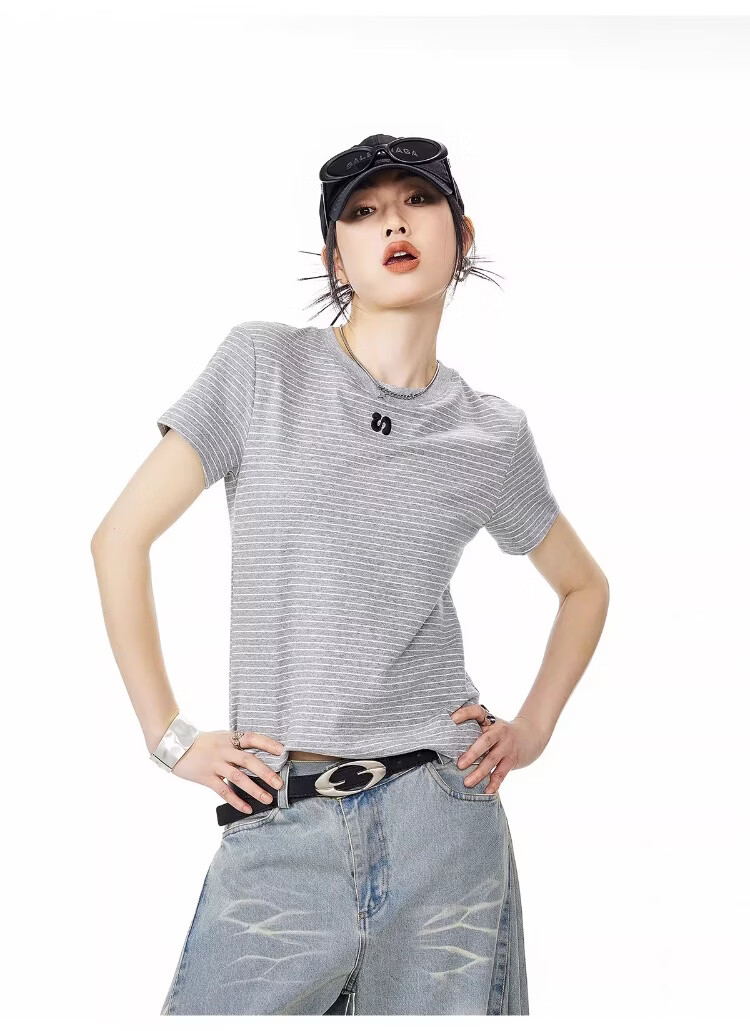 ICH MODE American Style Striped Slim Fit Short Sleeve T-Shirt for Women 2026 Summer New Hot Slim Shoulder Short Top White S 11