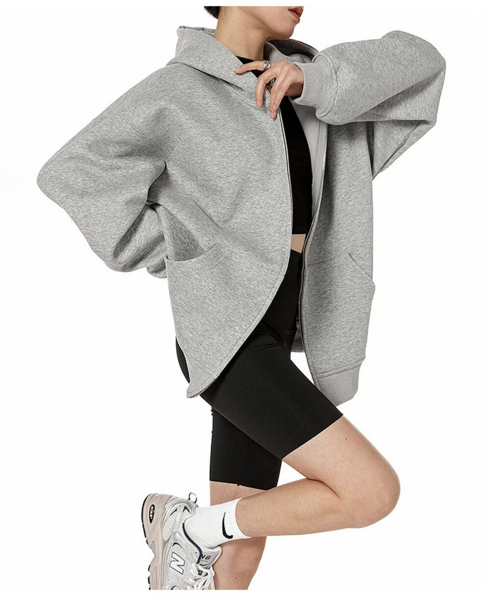 ICH MODE Women's American Style Hoodie Jacket 2026 Spring Autumn New Loose Fit Zip-up Lazy Long Sleeve Top Black S 13