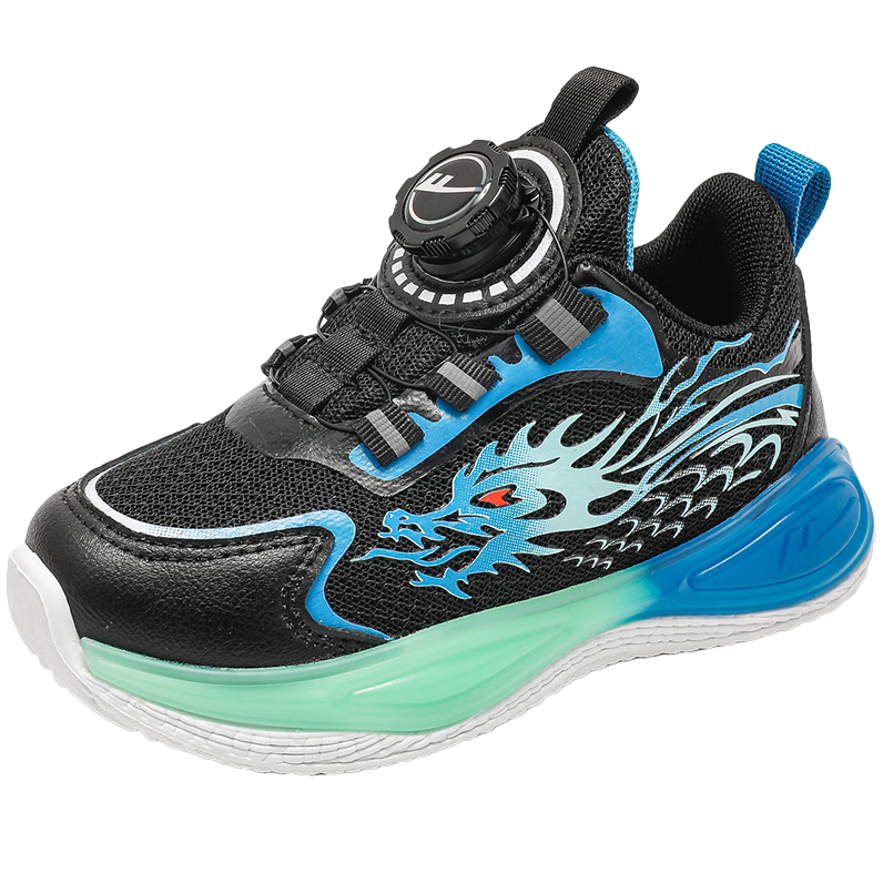 Warrior Boys' Spring and Autumn Running Shoes Mesh Breathable Rotating Buckle Children's Casual Sports Shoes WZ-2227 Black Blue Size 32