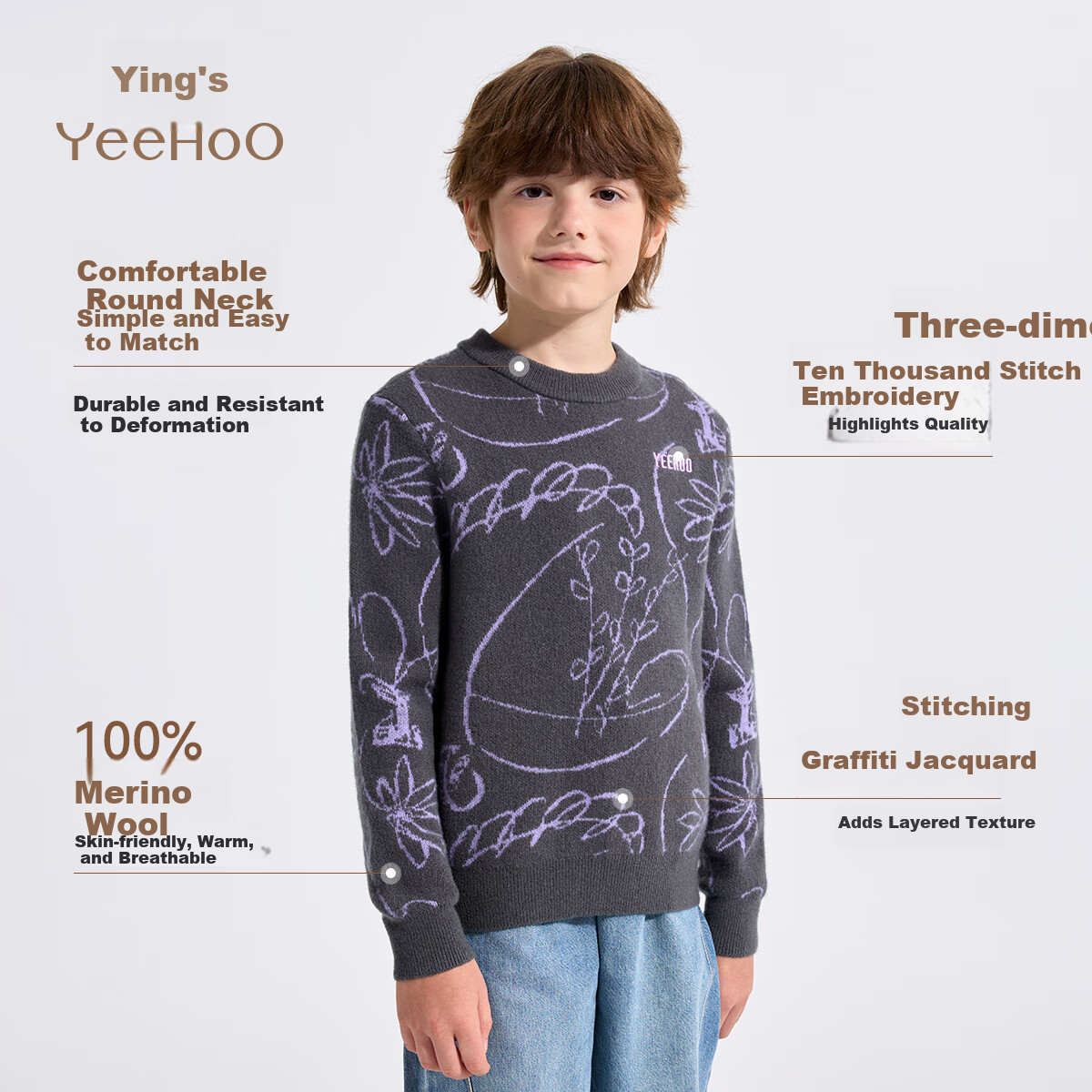 YEEHOO Children's Wool Sweater Boys and Girls Kids 100% Wool Warm Long Sleeve Spring Dark Gray Size 150