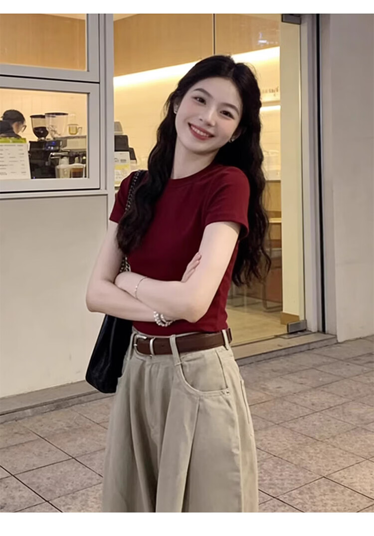 Woodpecker Women's Short Sleeve T-Shirt Spring Summer 2026 New Round Neck Slim Fit Top Ancola Red XL 12