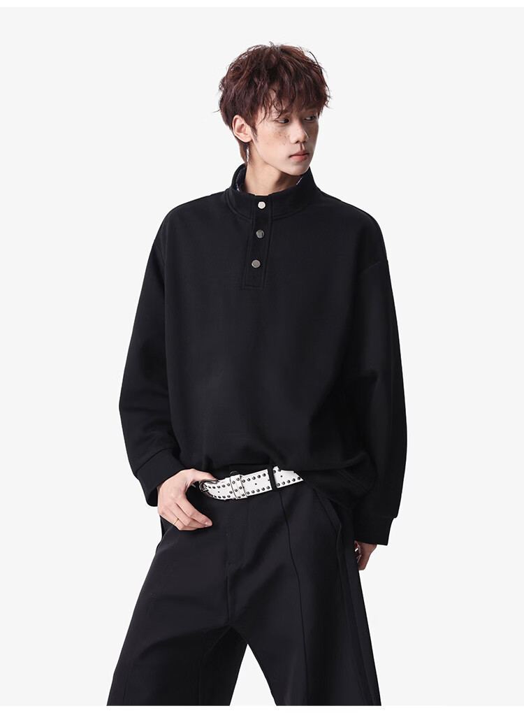 Foss Phil Men's Long Sleeve Sweatshirt Spring Summer American Polo Shirt High Street Vintage Loose Fit Top Black XL W6061 11