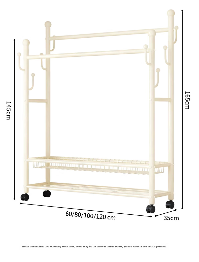 Yaoying YJ21 White Double-Layer 100cm Mobile Floor Standing Coat Rack Clothes Hanger 13