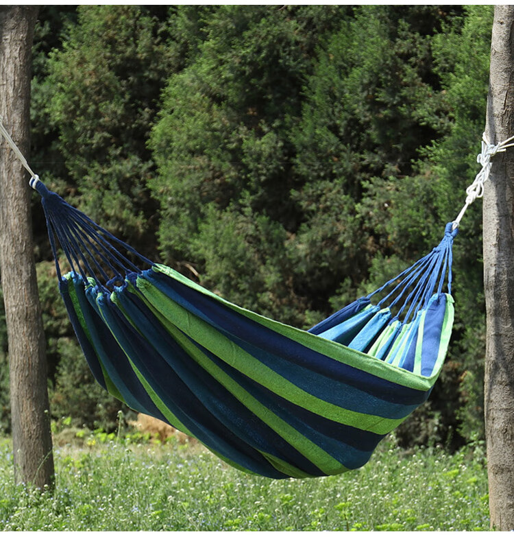 Yonglebao Single-Person Crescent-Shaped Anti-Rollover Hammock, Outdoor Camping Thickened Wide Canvas Hammock with Bent Wood Frame, Rainbow Color, 2-Piece Set 9