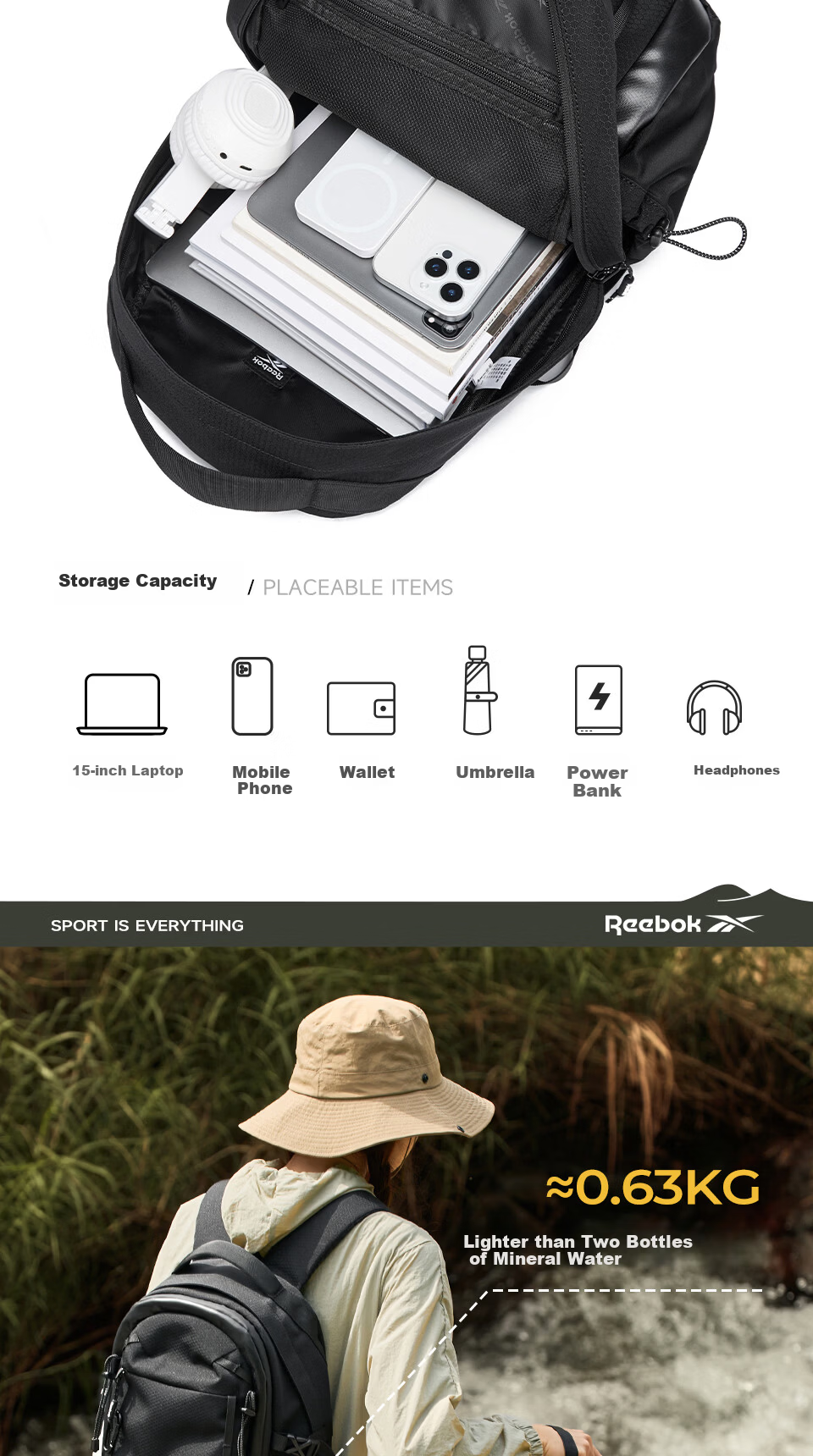 Reebok Outdoor Sports Backpack for Men 2026 New Large Capacity Travel Hiking Bag Light Sand Brown 5