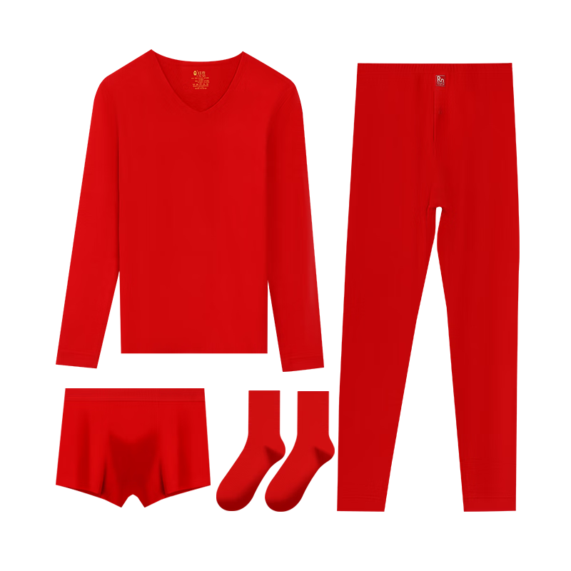 Hodo Women's Thermal Seamless Red Underwear Set Autumn Shirt and Pants Antibacterial Soft Cotton Underwear and Socks Gift Box [Qiji Red]