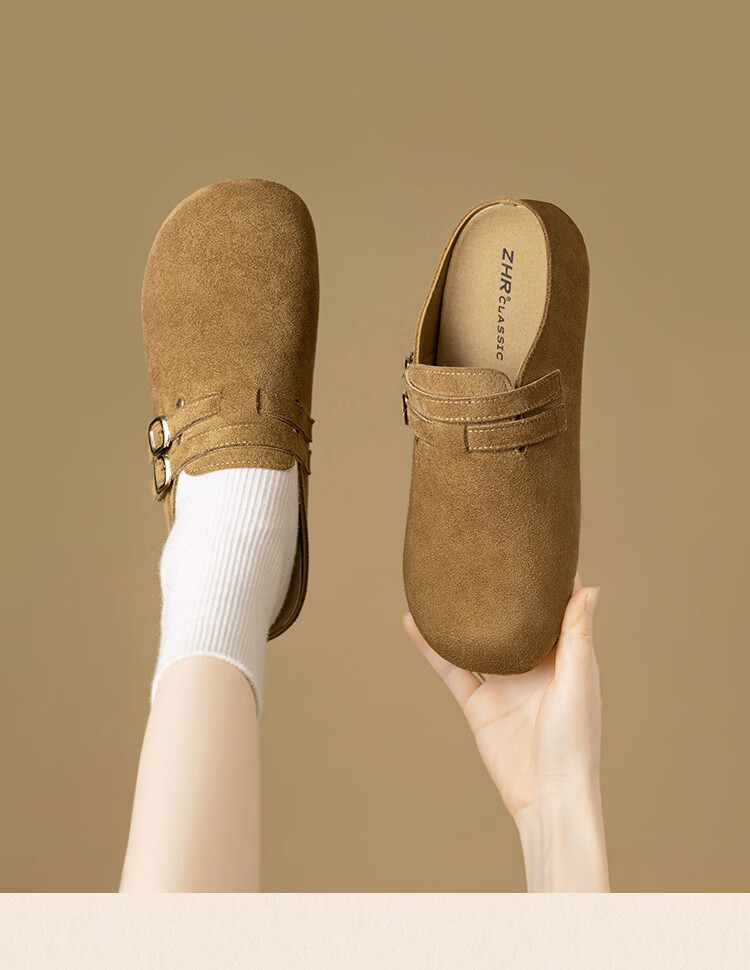 ZHR Cork Birkenstock Style Half Slippers Women Vintage Slip-On Platform Thick Sole Shoes JT215 Camel Size 38 12